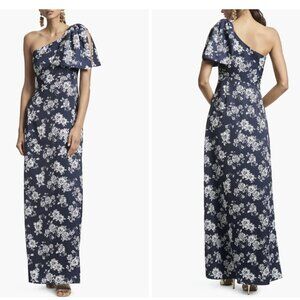 Sachin + Babi Navy and White One-Shoulder Floral Gown